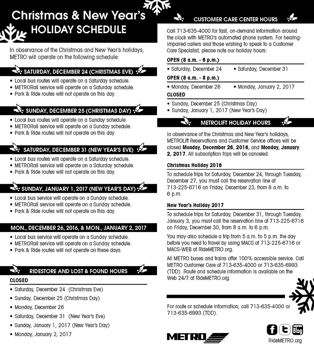 METRO Holidays Schedule 5 Corners District